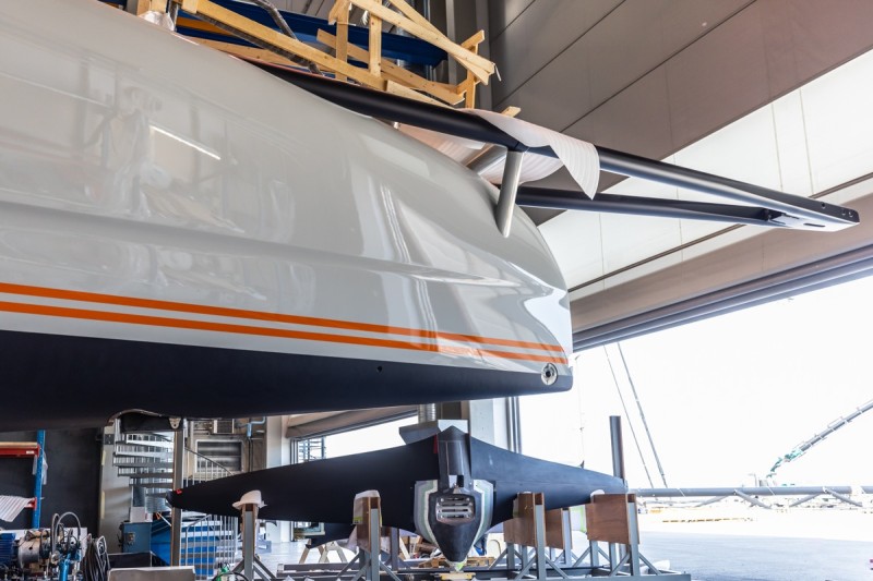 The business end of the Baltic 111 Raven...her impressive tubular bowsprit will be used to set a multitude of sails. And in the background one of her precision-engineered hydrofoils with which Raven will shortly be united