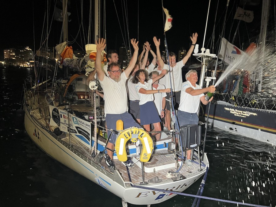 Team Evrika, France, was clearly thrilled to have finally arrived after a challenging last few days of light winds. Credit: Don McIntyre / OGR2023