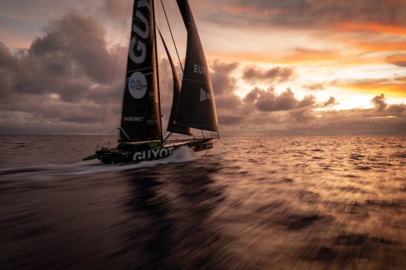 The Ocean Race 2022-23 - 19 March 2023, Leg 3, GUYOT environnement - Team Europe delivery. After a repair on the hull, the boat crosses the Atlantic heading to Itajaí. Sunset drone view. © Charles Drapeau / GUYOT environnement - Team Europe / The Ocean Race