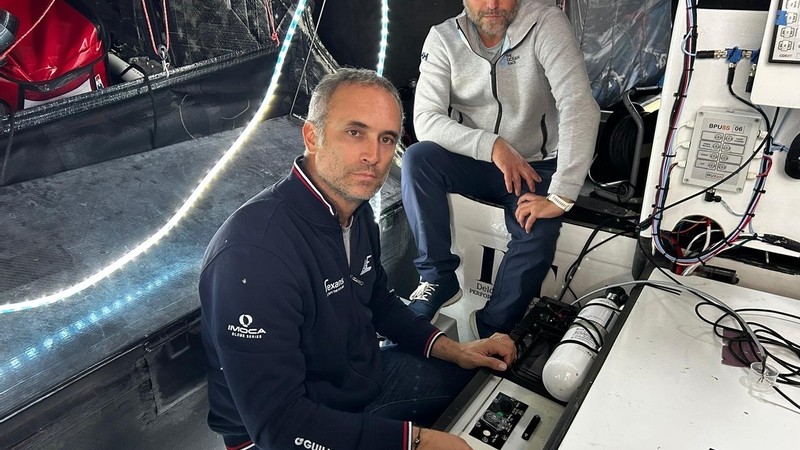 Fabrice Amedeo, skipper of Team Nexans – Art et Fenêtres (II) and Stefan Raimund, Ocean Science Advisor at The Ocean Race © Jean Marie Liot