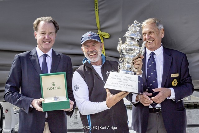 Prizegiving. Benoît Falletti, Managing Director Rolex Australia, Duncan Hine, owner of Alive and Arthur Lane, Commodore Cruising Yacht Club of Australia. ALIVE, Sail no: 52566, Owner: Duncan Hine, Design: Reichel/Pugh 66, Country: AUS Protected by Copyright