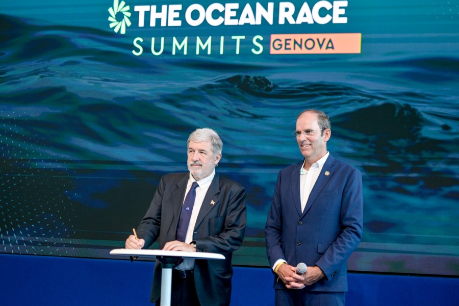 L-R: Mayor of Genova Marco Bucci signed the city's public support for ocean rights at The Ocean Race Summit Genova.    ©Sailing Energy/The Ocean Race