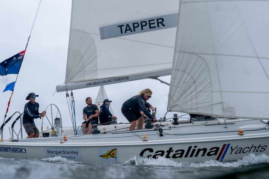 Australia’s Cole Tapper, CYCA Youth Sailing Academy, with crew Jack Frewin, Max Brennan, Hamish Vass, Nathan Gulliksen, and George Richardson. Photo: Ian Roman/WMRT
