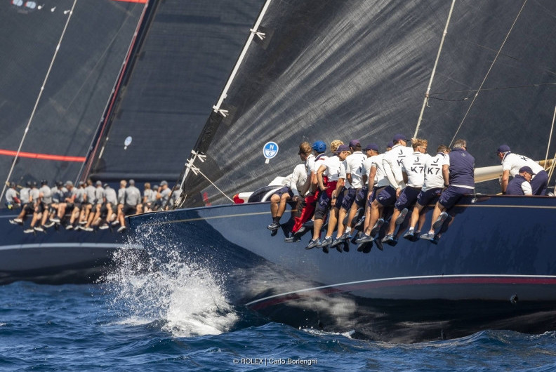 J Class yachts Svea and Velsheda, stars of a splendid duel at close quarters. Maxi Yacht Rolex Cup 2024. Photo credit: Rolex/Carlo Borlenghi