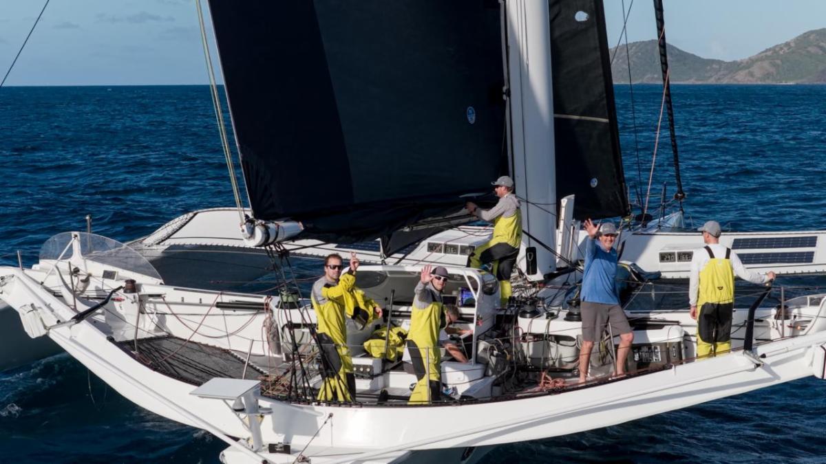 The elated, record-setting team on MOD70 Argo after crossing the finish line in Antigua. Skipper Chad Corning, Pete Cumming, Sam Goodchild, Charles Ogletree, Alister Richardson, Brian Thompson.&copy; @roddyacqua