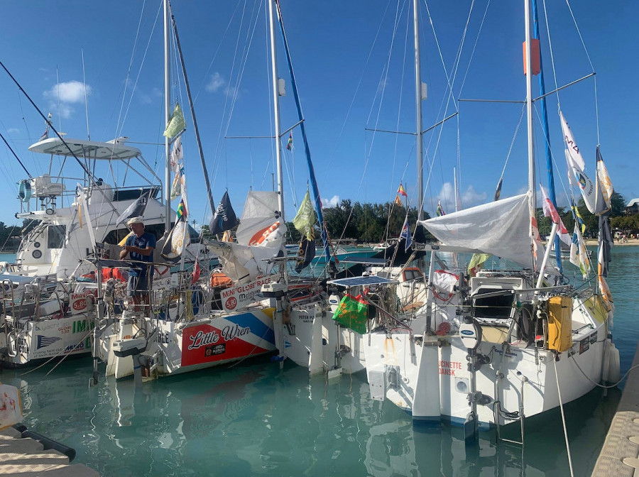 The #MGR2025 Fleet Embracing Mauritian hospitality at Grand Baie YC before the Durban leg. Credit: Christine Turner / MGR2025
