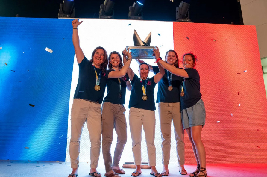 Match in Pink Normandy Elite Team winning the 2024 Women’s Match Racing World Championship in December (pictured left to right - Louise Acker, Maëlenn Lemaître, Pauline Courtois, Laurane Mettraux, Sophie Faguet)