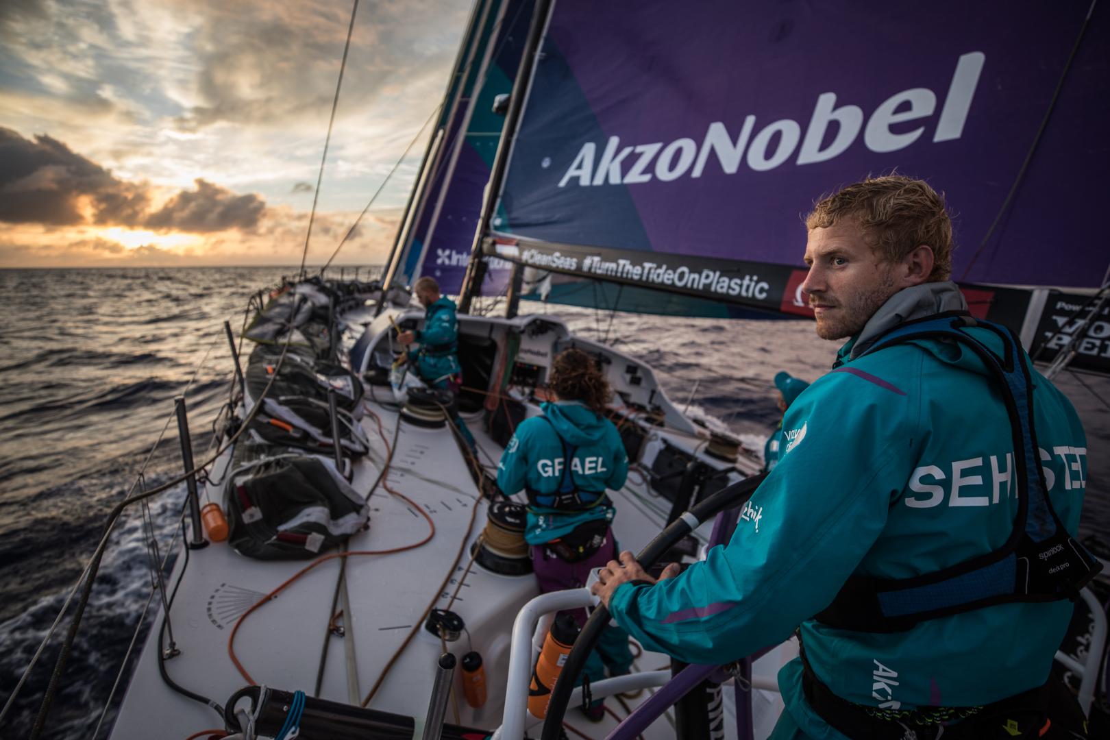 Volvo Ocean Race Leg 02, Lisbon to Cape Town, day 13, on board AkzoNobel. Nicolai Sehested looking out for approaching squalls that may bring some higher winds. Any speed the team can get they will take