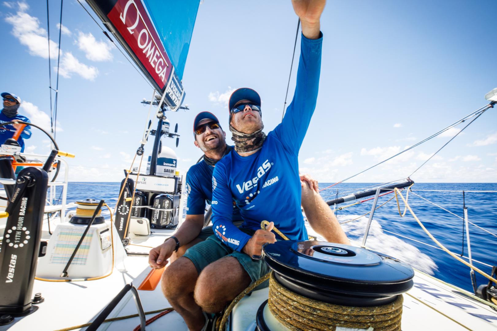 Leg 4, Melbourne to Hong Kong, day 10, Phil Harmer passes on some two-time-race-winner trimming expertise to good friend and bowman on board Vestas 11th Hour, Nick Dana. 11 January, 2018.