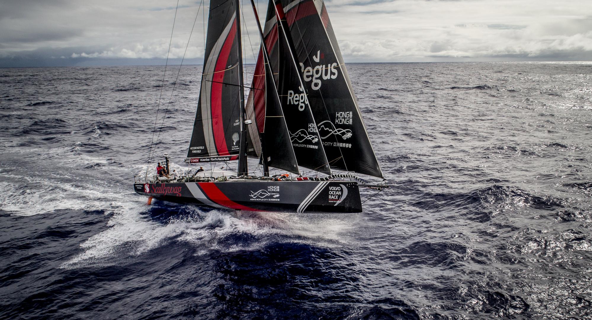 Leg 4, Melbourne to Hong Kong, day 15 The sea state has changed and the boat is flying off the waves on board Sun Hung Kai/Scallywag