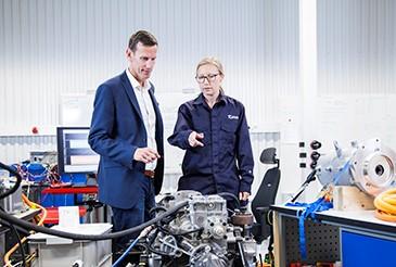 Volvo Penta’s chief technology officer, Johan Carlsson, and system engineer, Karin Åkman, discuss innovation for electromobility at the company’s new development-and-test laboratory in Gothenburg.