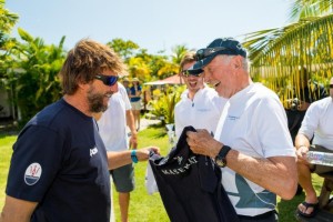 Brothers in arms - Giovanni Soldini (Maserati) swaps his team shirt with Peter Cunningham (PowerPlay) before the prizegiving in Grenada