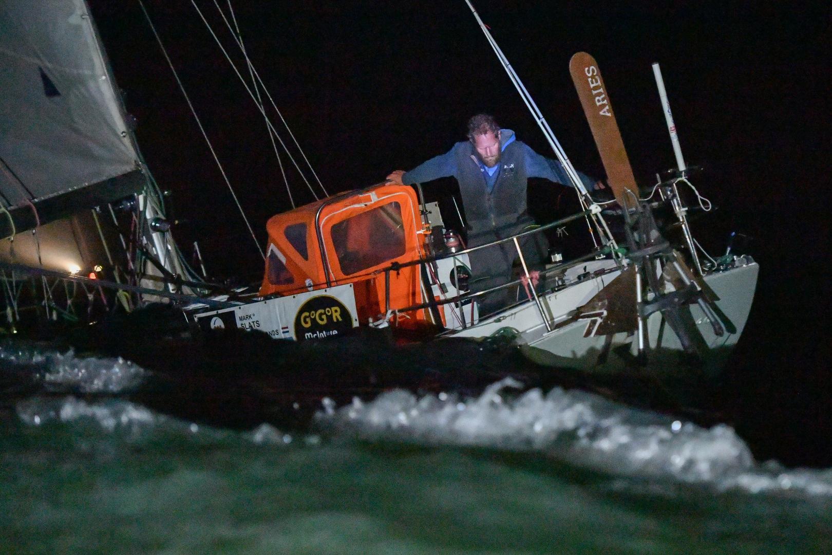 Mark Slats arriving off Les Sables d'Olonne to take 2nd place in the 2018 Golden Globe Race last night, All photos Christophe Favreau/GGR/PPL