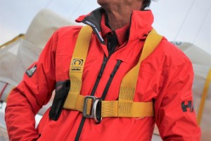 Istvan Kopar now wearing a harness day and night to avoid tripping over new emergency tiller and falling overboard