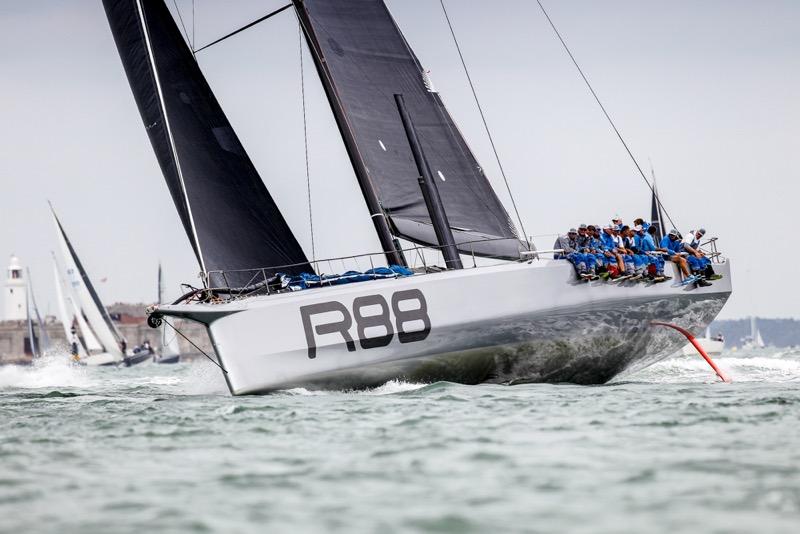 George David's American maxi Rambler 88 led the IRC fleet out of the Solent 
