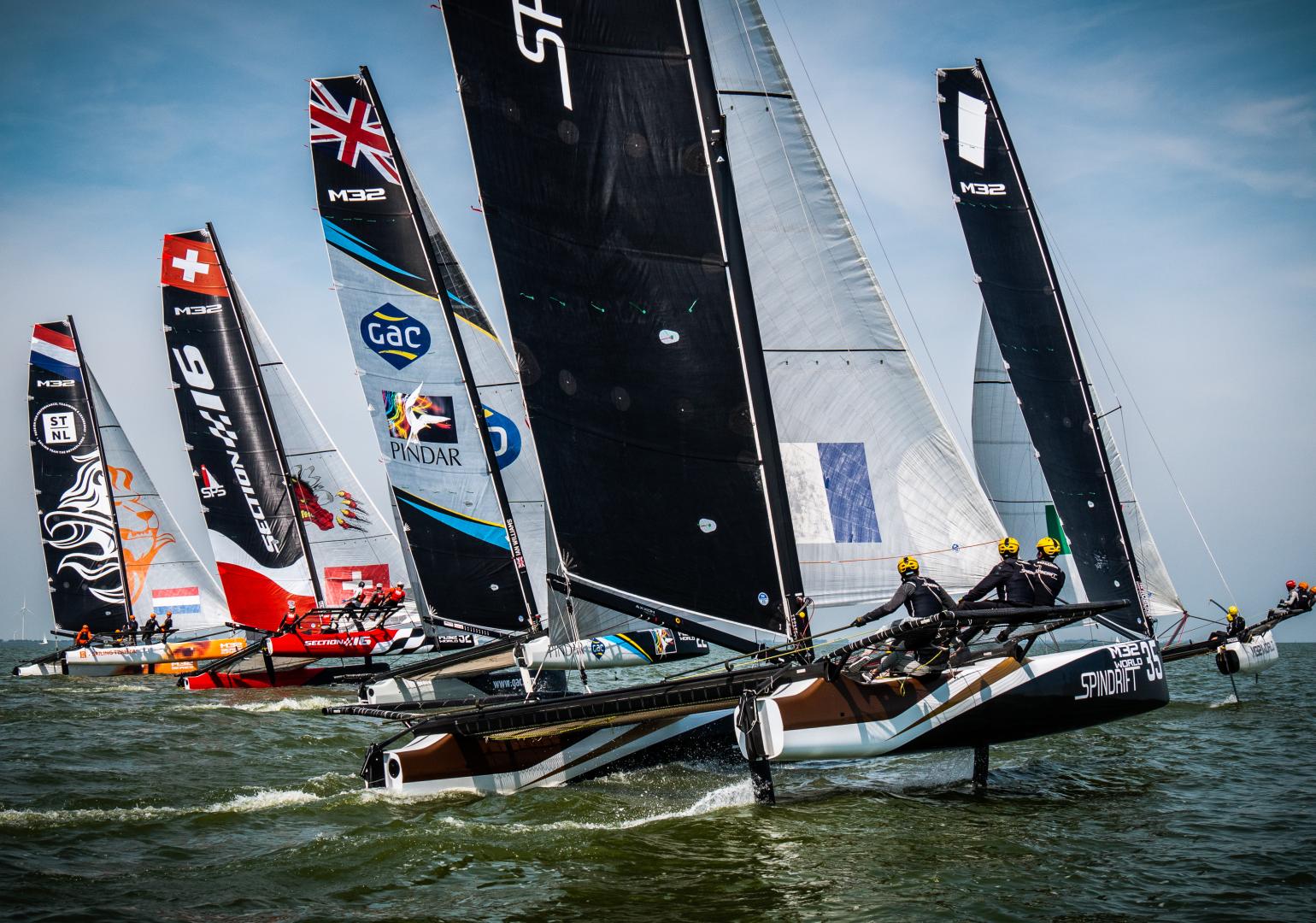 Spindrift racing, GAC Pindar, Section 16 and others head off on a reaching start. Photo: Ollie Hartas / M32 World