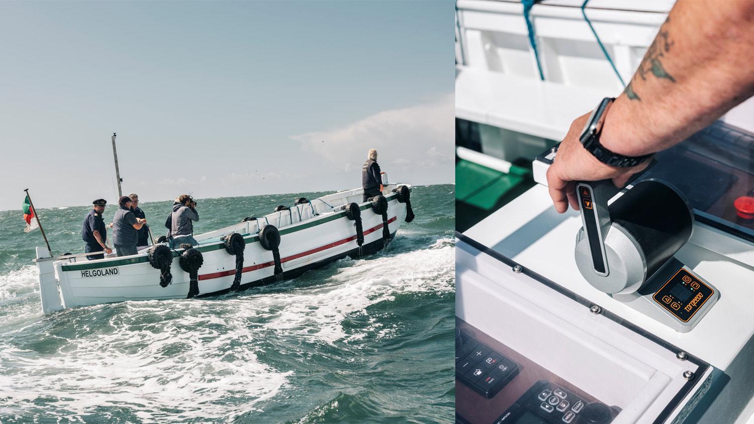 Open waters: Bridge Skipper Bernhard Wellnitz’s tattooed arm pushes down the Torqeedo throttle