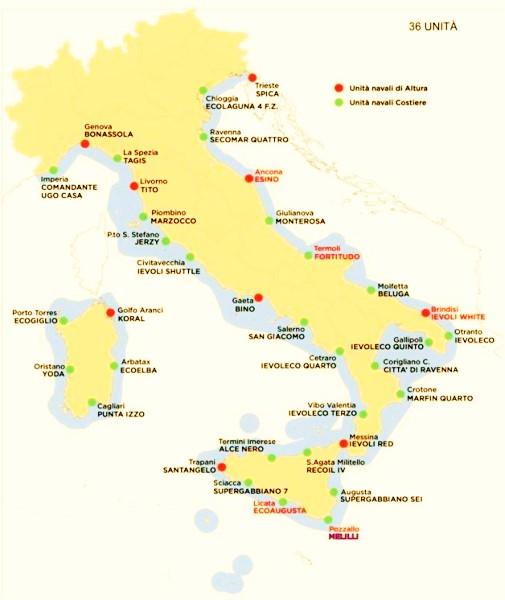 Mappa del Marine Anti Pollution Service italiano con le 36_ unità navali di Castalia