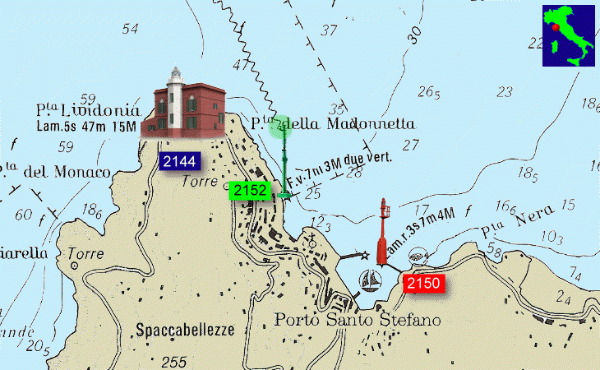 Carta nautica con il  Faro in funzione di Punta Lividonia