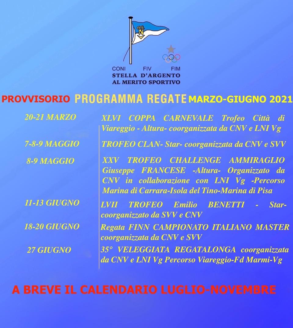 Calendario provvisorio 2021 -marzo-giugno- del Club Nautico Versilia
