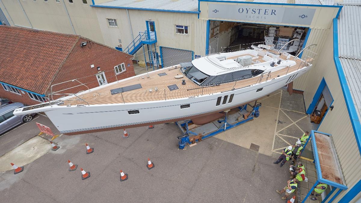 The new Oyster 595 leaving the Wroxham facility to be loaded on the truck for the journey to Oyster Yachts in Ipswich for commissioning.