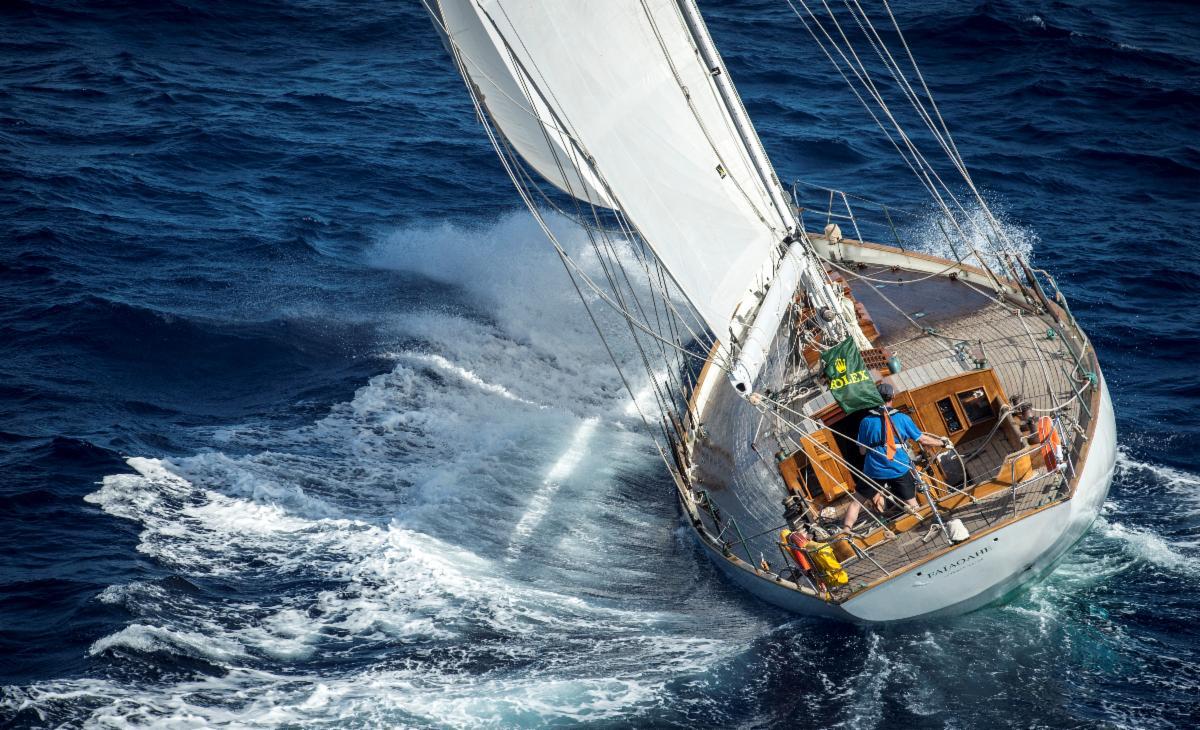 Remy Gerin's 65ft Spirit of Tradition-designed sloop Faïaoahé is racing under the burgee of the Yacht Club de France
