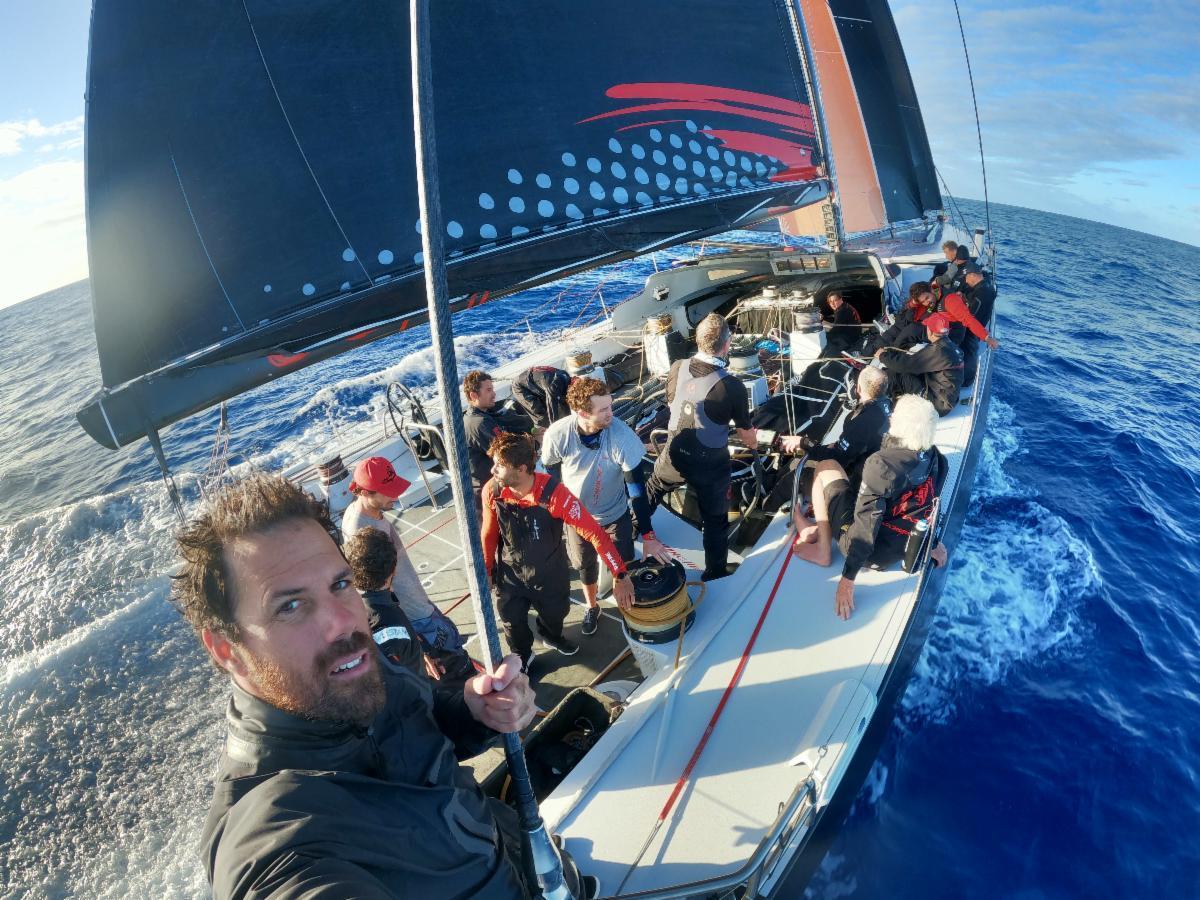 Shannon Falcone takes a selfie and captures the atmosphere on board Comanche during the RORC Transatlantic Race Credit: @racingSF