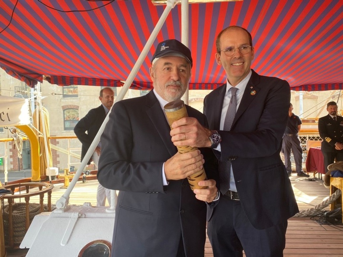 he Mayor of Genova, Marco Bucci and Richard Brisius, Race Chairman of The Ocean Race, on board the Amerigo Vespucci.
©