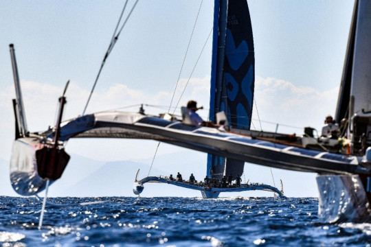 At around 0200 UTC on day two, all three 70ft trimarans in the RORC Transatlantic Race were at full speed in the acceleration zone between the Canary Islands © James Tomlinson/RORC