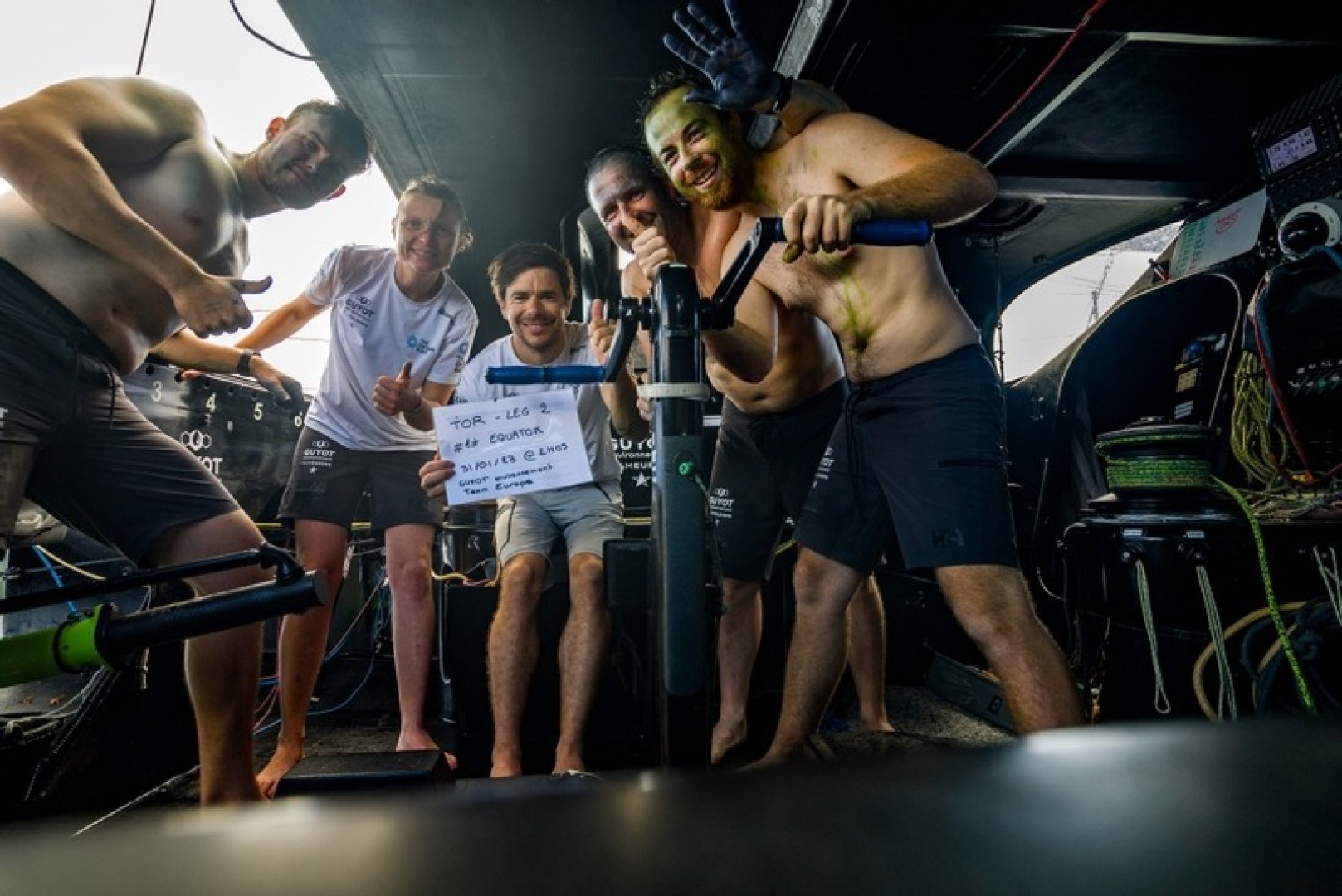 31 January 2023, Leg 2, Day 7. First Equator cross ritual onboard Biotherm.
© Anne Beauge / Biotherm