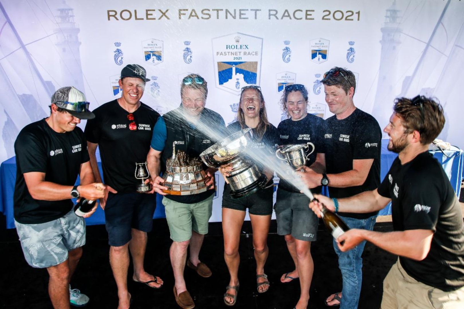 Back to defend their title in 2023: Tom Kneen's JPK 11.80 Sunrise were victorious in the 2021 Rolex Fastnet Race, winning the Fastnet Challenge Cup for IRC Overall © Paul Wyeth