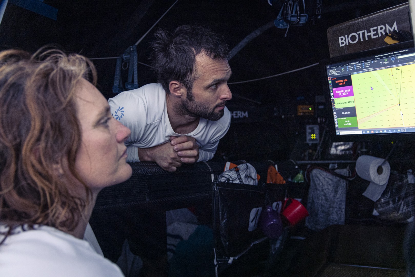 Leg 4 Day 11 onboard Biotherm. Marie Riou and Alan Roberts looking on rankings.
© Anne Beauge / Biotherm / The Ocean Race