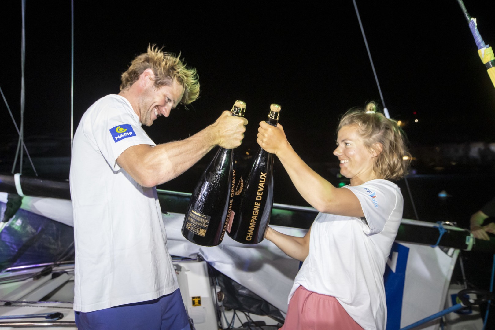 Lois Berrehar and Charlotte Yven, on Skipper Macif win the Transat Paprec. Photo: Alexis Courcoux