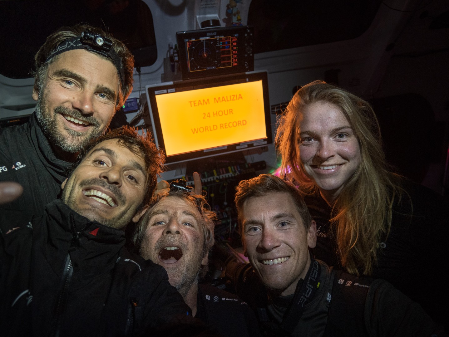 The crew celebrates that Team Malizia broke the 24h speed record challenge © Antoine Auriol / Team Malizia / The Ocean Race