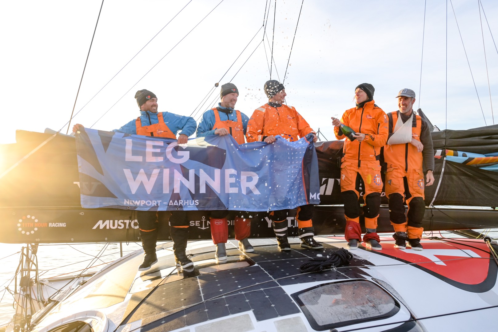 The Ocean Race, Arrivals in Aarhus, Denmark. 11th Hour Racing Team celebrating the first place in Leg 5. © Sailing Energy / The Ocean Race