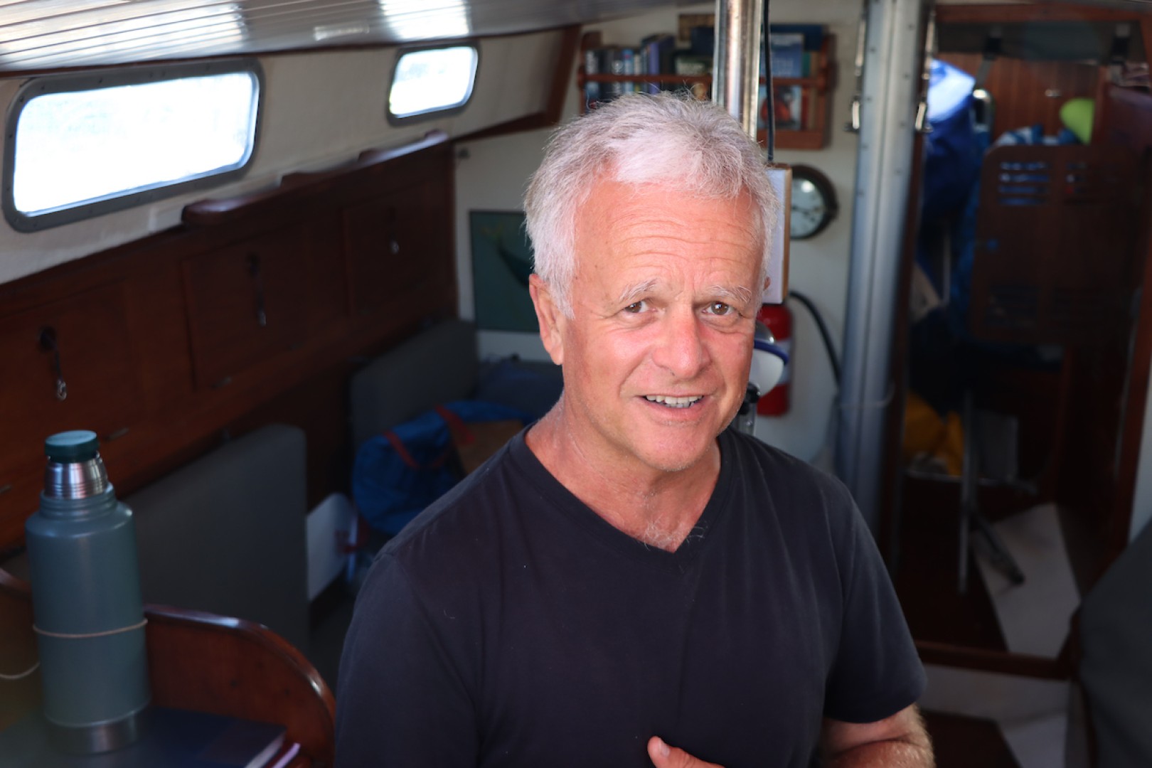 Skipper Jeremy Bagshaw onboard his yacht Olleanna. Credit: Nora Havel / GGR2022