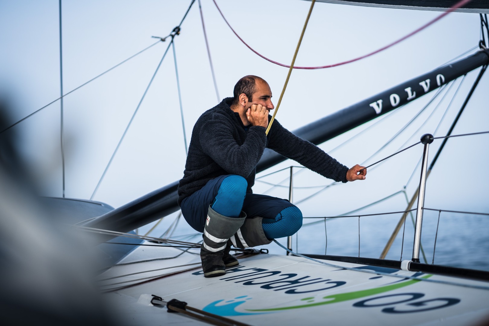 The Ocean Race 2022-23 - 17 June 2023, Leg 7 Day 2 onboard Team Holcim - PRB. Skipper Benjamin Schwartz looking the pressure coming.
© Julien Champolion | polaRYSE / Holcim - PRB / The Ocean Race