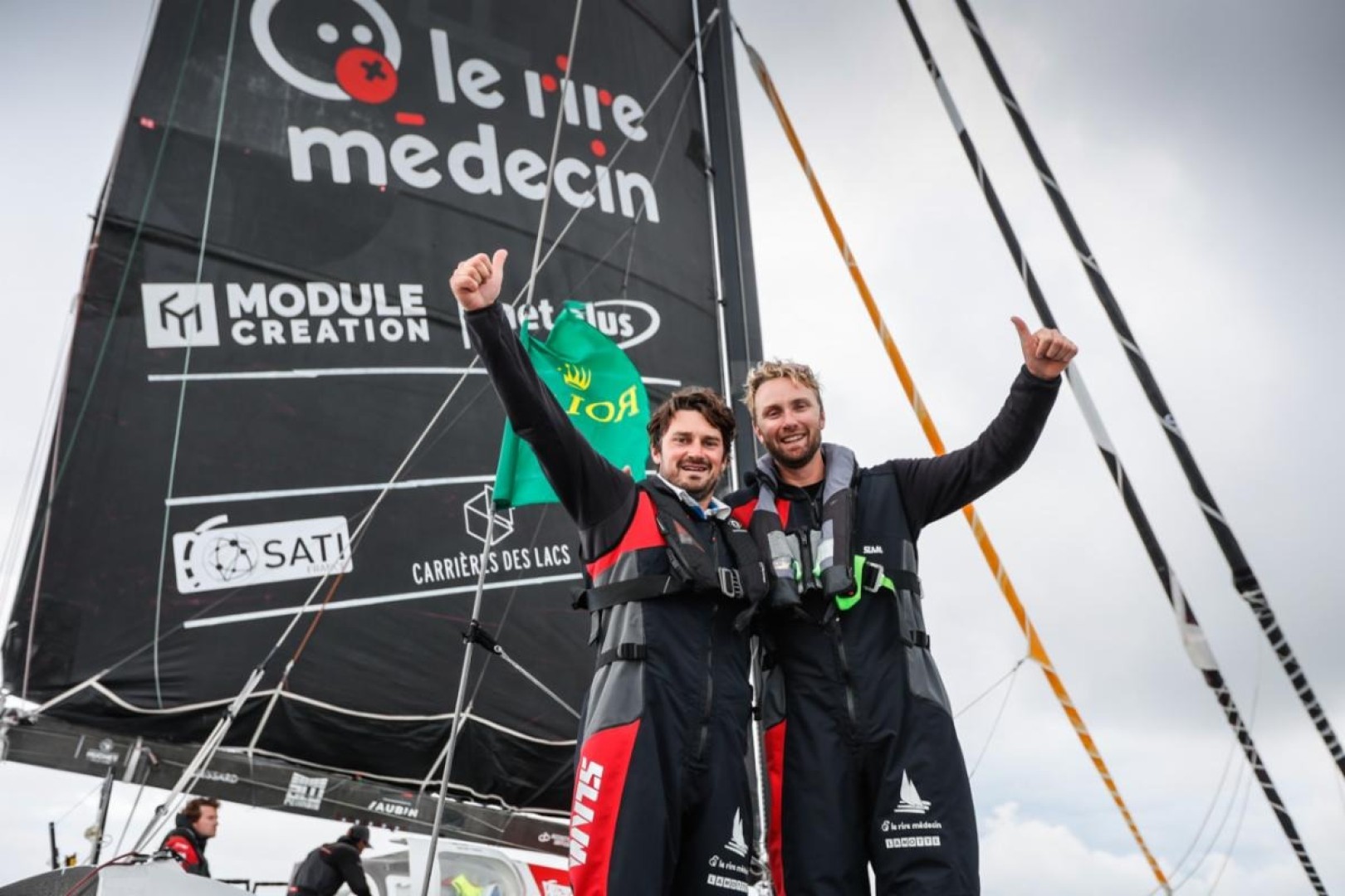 Luke Berry (right) and Antoine Joubert celebrate their narrow victory in the Ocean Fifty class © Paul Wyeth/www.pwpictures.com