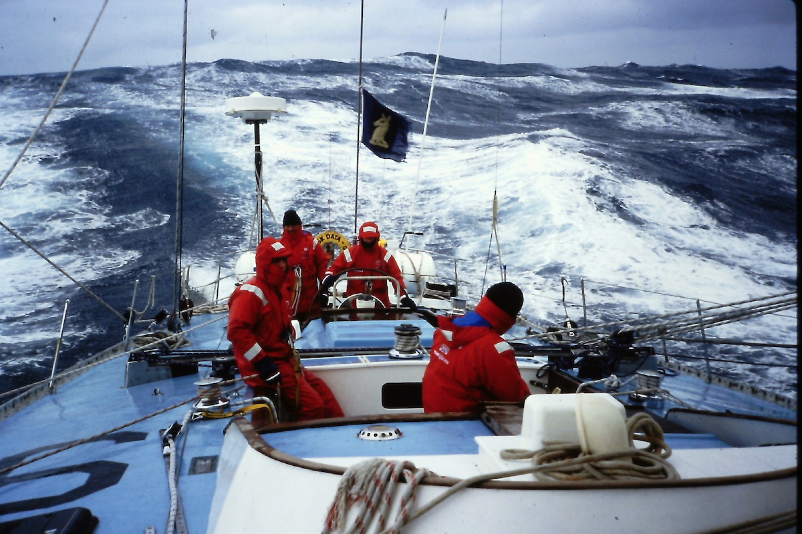 Surfing down the waves in the Southern Ocean onboard Norsk Data GB (1985 - 86 Race ). Credit: Philip McDonald.