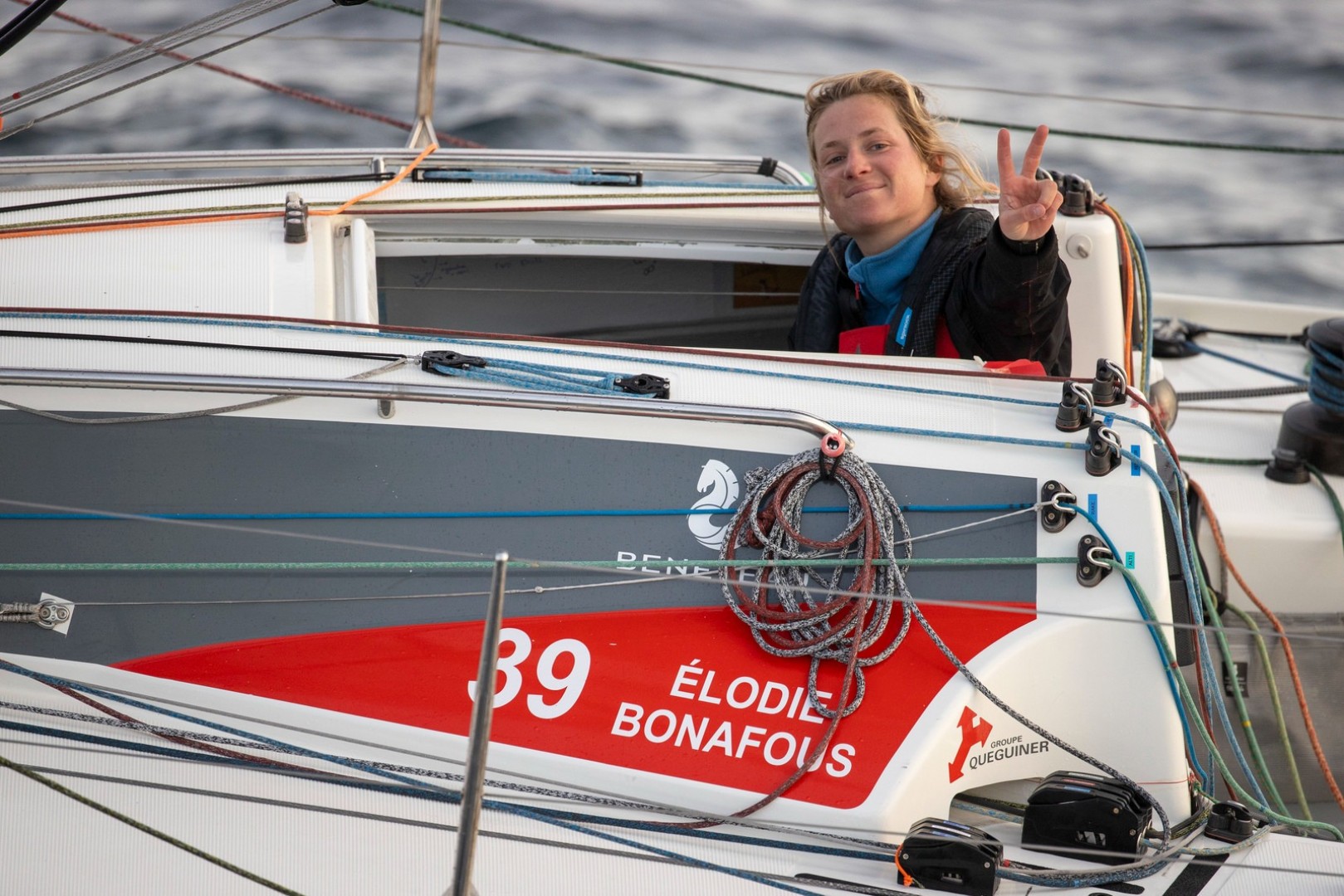 Elodie Bonafous in good spirits in the Celtic Sea en route to The Fastnet

Photo ©Alexis Courcoux