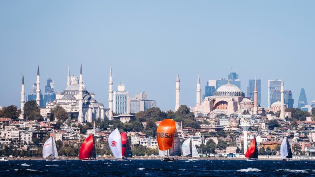 Istanbul's famous Blue Mosque and Hagia Sophia preside over the race course. Photo ©: Sailing Energy/Bosphorus Cup