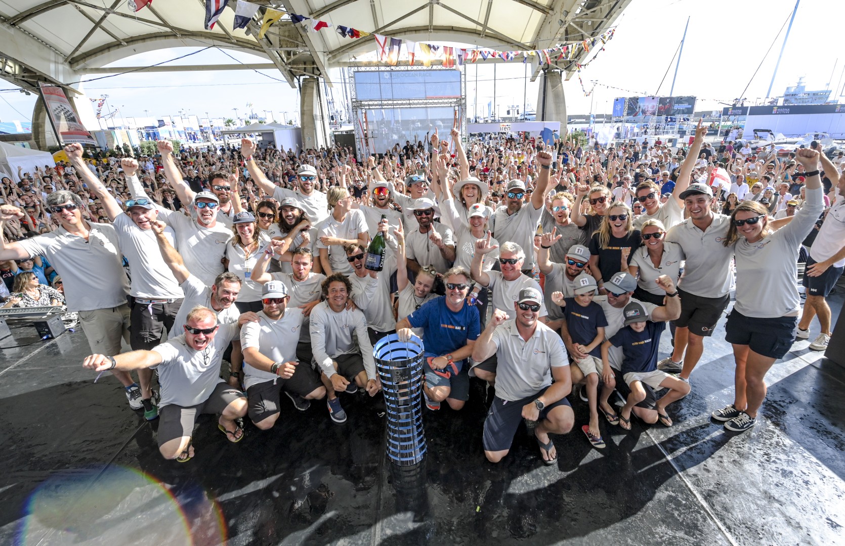The Ocean Race 2022-23 - 1 July 2023. Prize giving on stage in the Ocean Live Park in Genova. Overall 1st Place IMOCA, 11th Hour Racing Team.
© Sailing Energy / The Ocean Race