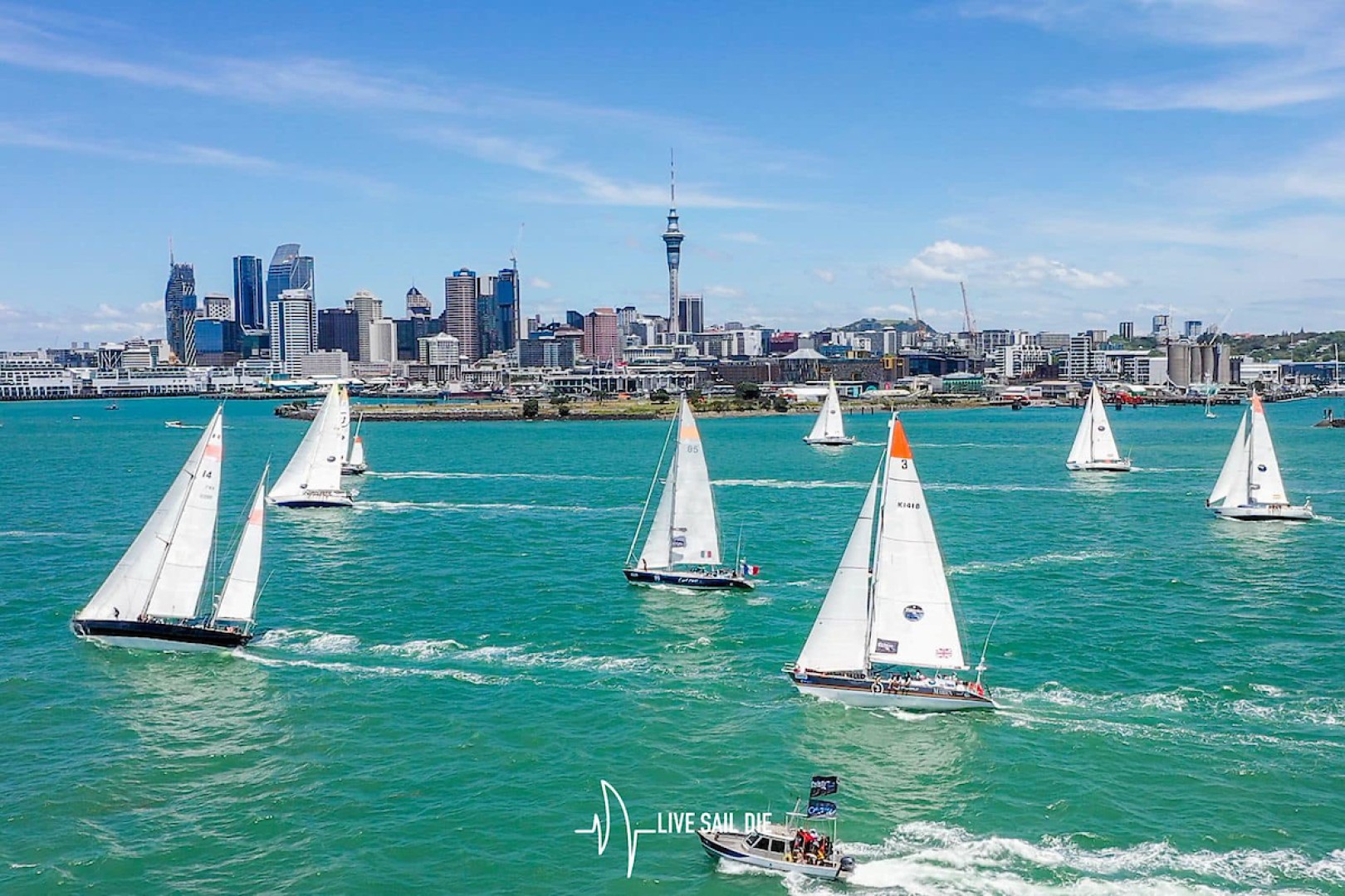 Spectacular blue skies in Auckland Harbour for the start of the Ocean Globe Race Leg 3 – Auckland to Punta del Este. Drone – LIVE SAIL DIE