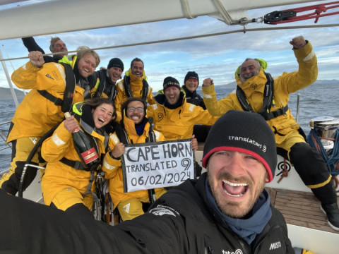 The smiles onboard Translated 9 speak a thousand words as they complete the mammoth achievement of passing the infamous Cape Horn!! Credit: Translated 9 / OGR2023