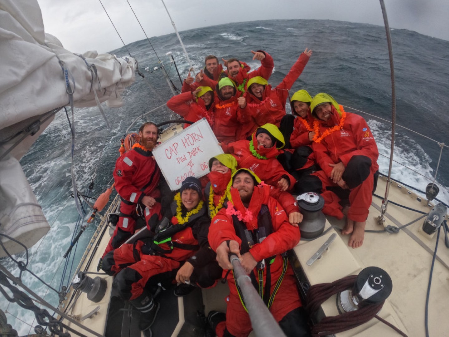 The crew of Pen Duick VI celebrate as they pass the infamous Cape Horn.

Credit: Pen Duick VI / OGR 2023