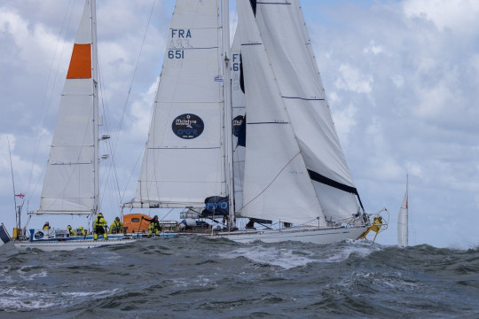 Incident moment captured at the Leg 4 start. Evrika's bowsprit spears into the navigation buoy. Credit: Matias Capizzano