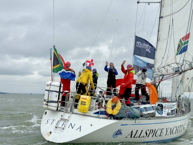 Hugs all round finally crossing the finish line of the MCINTYRE OCEAN GLOBE RACE , quite an achievement for a South African entry. Credit: Aïda Valceanu/ OGR2023