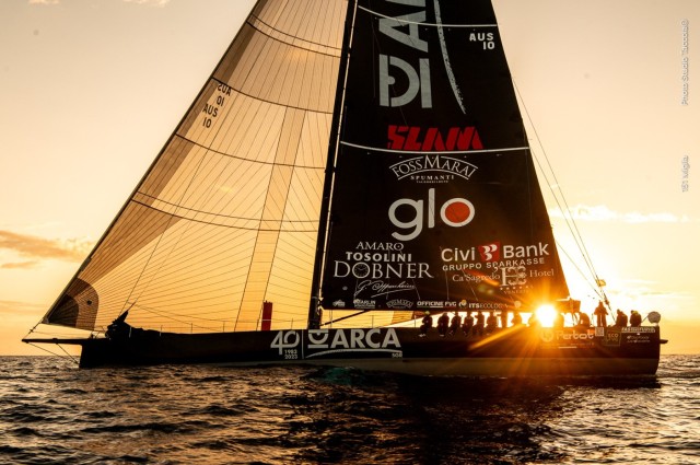 Dawn breaks as ARCA SGR heads for her third 151 Miglia line honours victory. Photo: Studio Taccola.