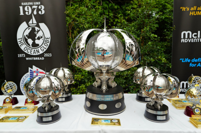 The OGR perpetual trophy - a magnificent replica of the first 1973 Whitbread Round the World Race trophy. Credit: Rob Havill / OGR2023