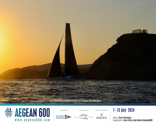 Aiolos finishes the Aegean 600 under the Temple of Poseidon on Cape Sounion.